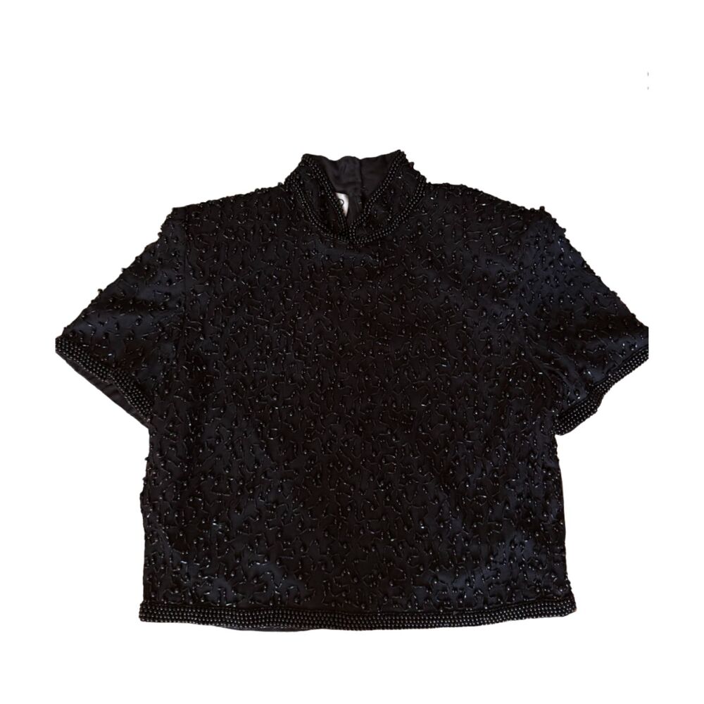 Vintage 80s JMD New York Black Beaded Silk Short Sleeve Blouse Shoulder Pads M